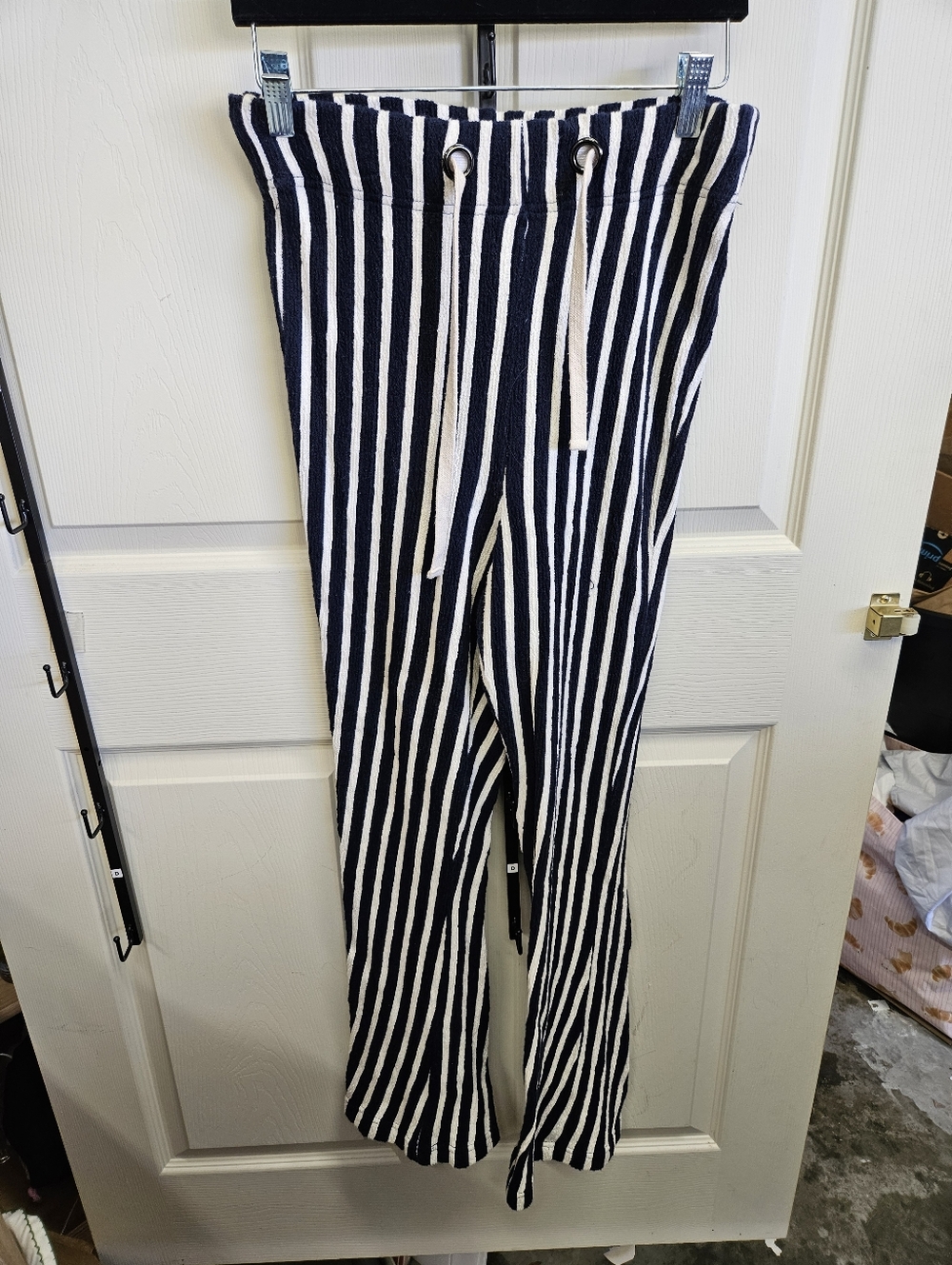 Lilyful Navy Blue and White Vertical-Strip Knit Pants